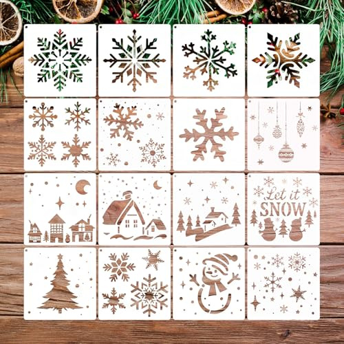 KLINNA 16 pezzi di stencil natalizi, stencil da disegno riutilizzabili per spruzzo di neve su finestre | Set di stencil da disegno per albero di Natale e pupazzo di neve per dipingere, stencil per