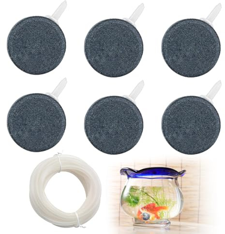 LEIMEND 6 Pezzi Pietra Porosa Acquario con 1 Pezzo di Tubo da 2 M Diffusore di Ossigeno per Zcquario Pietre d'Aria Rotonde per Laghetti Acquari Pompe ad Aria per Acquari (Grigio)