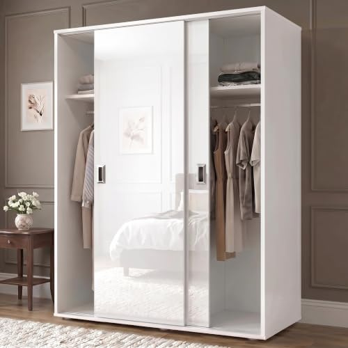 Blisswood High Gloss Sliding Wardrobe 120cm, White 2 Door Bedroom Wardrobe with 2 Full-Width Hanging Rails & Shelves, Space Saving Double Freestanding Clothes Storage Cupboard for Bedroom Furniture