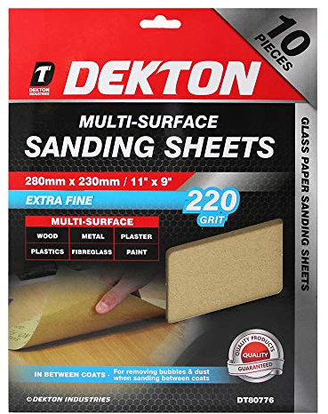 Dekton 10pc Extra Fine Sanding Sheets, 230mm - 220 Grit | Ideal for Multi-Surface Sanding | Heavy-Duty Performance on Wood, Metal, Plaster, Plastics & Paint