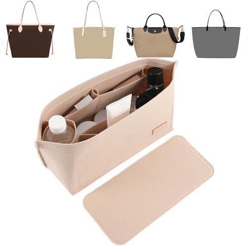 Doxo Purse Organizer Insert for Handbags & Base Shaper 2pc Set, Felt Organizer Insert Large Tote, Bag Organizer with Zipper 5 Sizes, Fit Speedy 30 Neverfull MM and More(Beige-L-Combination)
