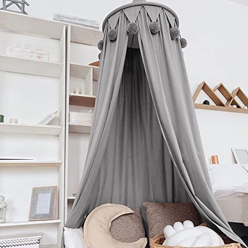 Dyna-Living Bed Canopy for Children, Round Dome Hanging Curtain Kids Bed Mosquito Net Play Reading Tents - Grey