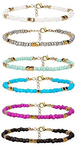 SAVITA 6pcs 8-10inch Handmade Beaded Anklets for Women Colorful Bohemian Glass Beads Ankle Wrap Bracelets String Adjustable Elastic Thread Gifts for Women Girls Beach Vacation (Style 3)