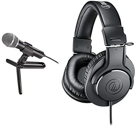 Audio-Technica ATR2100x-USB Unidirectional Dynamic Streaming/Podcasting Microphone & Audio-Technica M20x Professional Studio Headphones for studio recording, creators, podasts and everyday listening