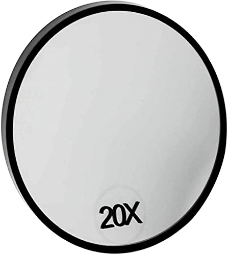 HAJTECH 20X Magnifying Mirror for Precise Makeup - Travel Vanity Mirror - Compact Cordless Portable & Durable Tool - for Bathroom Shaving Eyebrow Tweezers - Light Weight Mirror with Two Suction Cups