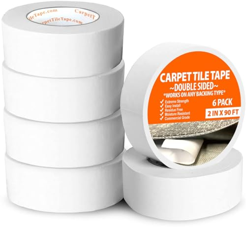 All Flooring Now Carpet Tile Tape Double Sided 2in x 90ft (Bulk 6 Pack) Heavy Duty Reinforced Web Mesh Residue Free Indoor Outdoor for Carpet Tiles, Hardwood, Vinyl, Rugs, Carpet, Rubber & Mat Gripper