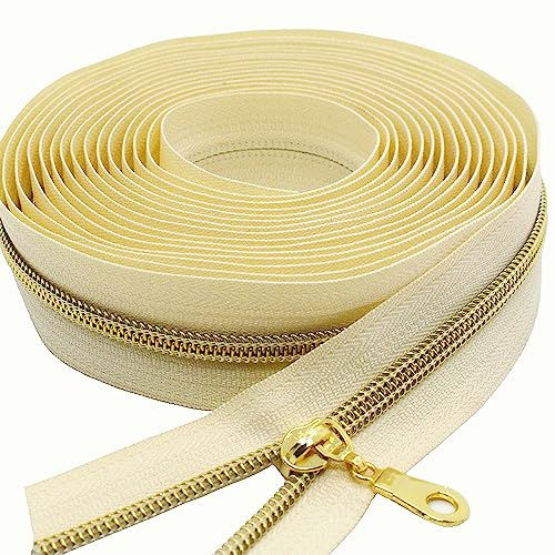 MebuZip 9 m goldfarbenen endlos Reißverschluss Meterware Reißverschluss Nylon 6mm-Spirale + 25 Nonlock-Zipper für Taschen Deko DIY Basteln Nähen (Goldfarbenen Beige)