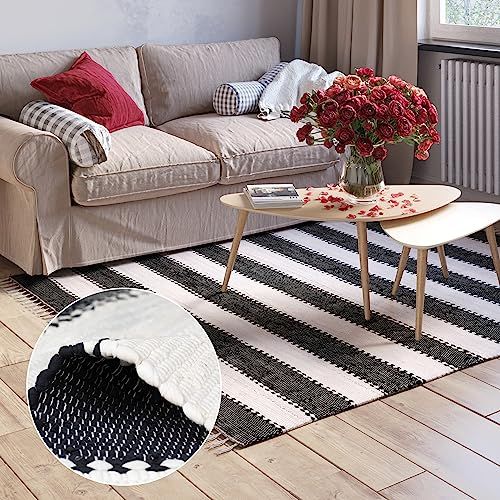 MY-RUG Fleckerlteppich 80 x 150 cm - Schwarz Weiß gestreift, handgewebt, recycelte Baumwolle als Flickenteppich und Wendeteppich, moderner Chindi Teppich Aarav Kelim Teppich