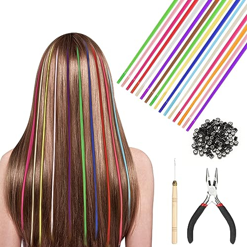 HIFOT Lot de 50 extensions de cheveux synthétiques, 100 perles, 1 pince et crochet, 13 couleurs aléatoires