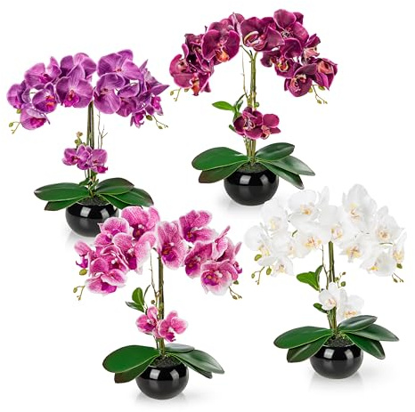 PASCH® 4er Set Künstliche Orchideen in Hochglanz-Keramiktöpfen (40cm) | Kunstblumen Wie Echt | Kunstblume Orchidee im Topf