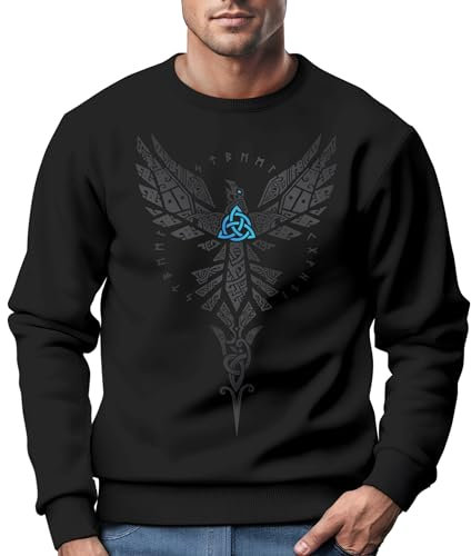 Neverless® Sweatshirt Herren Munin Raven Odin Valknut Valhalla Wikinger Nordmänner Mythologie Rundhals-Pullover Schwarz XXL