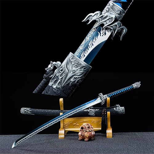 HIARAN Handgefertigtes Katana,Manganstahlklinge,mit Massivholz umwickelte Lederscheide,echtes Samurai-Schwert für Kendo Iaido,Geschenk zum Sammeln,Cosplay-Dekoration (110 cm)