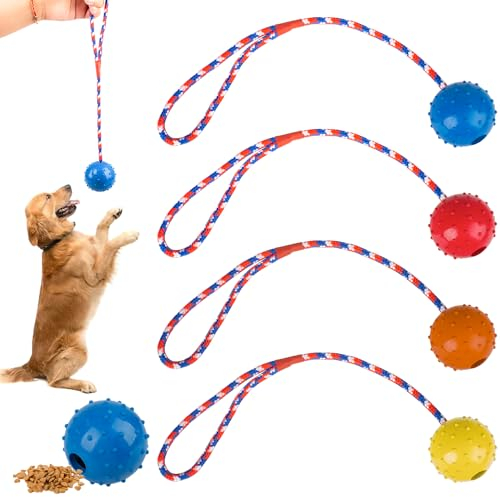 Rdlobu 4 Stück Ball mit Schnur Hund, Wurfball für Hunde, Hundeball mit Schnur Naturkautschuk, Interaktiver Hundespielzeug Ball mit Seil, Ball Hundespielzeug Unzerstörbar zum Apportieren,Fangen,Werfen