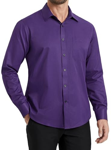 HISDERN Camicia da Uomo a Maniche Lunghe Casual Top per Business Tempo Libero e Cerimonia con Colletto Classico e Tasca Viola 2XL