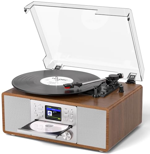 10-in-1 Retro Bluetooth Record Player with Built-in Stereo Speakers | Wireless 3-Speed Turntable for Vinyl, CD, MP3, USB/SD, Internet Radio | Headphone Jack & MP3 Recording | Vintage Multimedia Center
