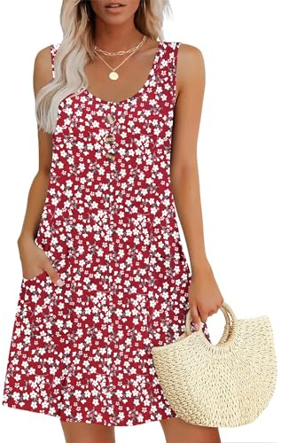 MOLERANI Vestido de Verano para Mujer Cuello Redondo Vestido sin Mangas Vestido Casual Suelto con Bolsillos Flores Rojas pequeñas M