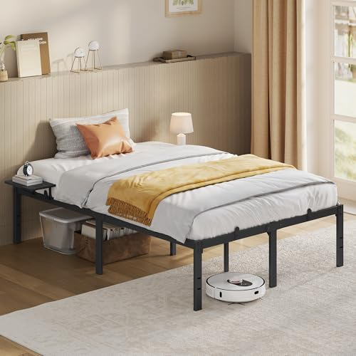 VASAGLE Telaio Letto in Metallo con Ripiani Portaoggetti, Montaggio Facile | Per Materassi da 120 x 190 cm, Una Piazza e Mezza, Nero Inchiostro, RMB090B01