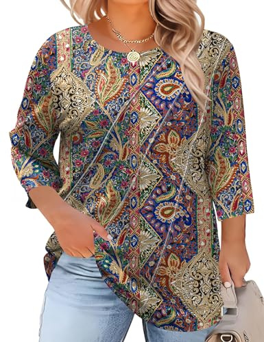 LOMON Plus Size Women Blouses Three Quarter Sleeve Boho Tops Long Sleeve Woman Summer Tops for Women 2026 Plus Size Womens Clothing Boho Print 3X
