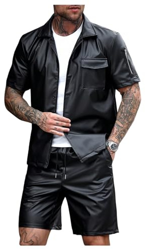 BEAUDRM Men's 2 Piece Outfit PU Leather Button Down Shirts and Drawstring Waist Motorcycle Biker Shorts Vacation Set Black Small