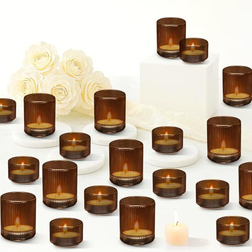 20Pcs Glass Votive Candle Holders Bulk, Ribbed Votive Candle Holder 10 Large and 10 Small Tea Light Candle Holders Set for Wedding Table Centerpieces Home Christmas Decor (Amber)