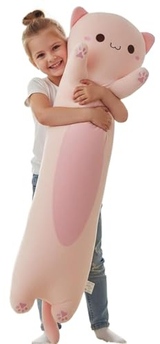 Aiuidun Long Cat Plush Pillow - 35.4 Inch Ultra Soft Stuffed Animal Body Pillow for Kids & Adults, Cute Kawaii Kitten Plushie Toy, Gift for Cat Lovers, Girlfriend, Girls Birthday (Big Eyes Pink)