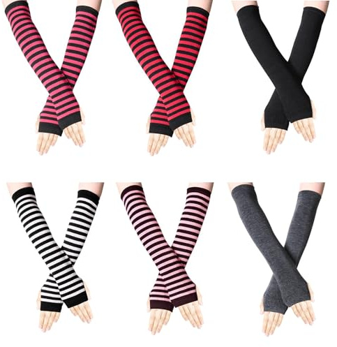 TPTGIAR Long Fingerless Gloves for Women: 6 Pairs Stretchy Striped Arm Warmers Womens, Knitted Wrist Warmers for Autumn Winter Accessories