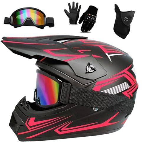 Set di Caschi da Motocross Per Adulti DOT, Caschi Integrali da Corsa Fuoristrada Per Bambini, con Occhiali, Guanti E Maschera, Visiera Parasole Regolabile Unisex-Adulto(905 red,L(56-57cm))