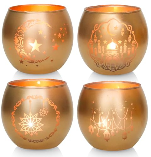 Bougeoirs dorés du Ramadan – Photophore en verre de luxe – Élégant centre de table pour l'Aïd Mubarak – Cadeaux islamiques pour décoration d'intérieur et salle de prière – Mosquée, lune et étoile