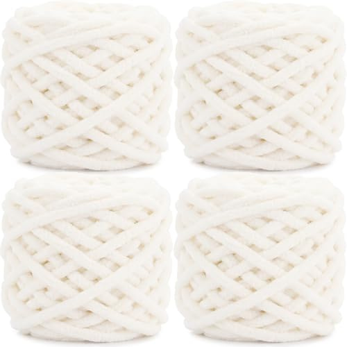 Lighterday Super Chunky Knit Chenille Yarn 4 x 100g Multi-Colored Crochet Wool for Hand Knitting Blankets,Knitting Wool for Big Blankets Sock and Scarves (Creamy White)