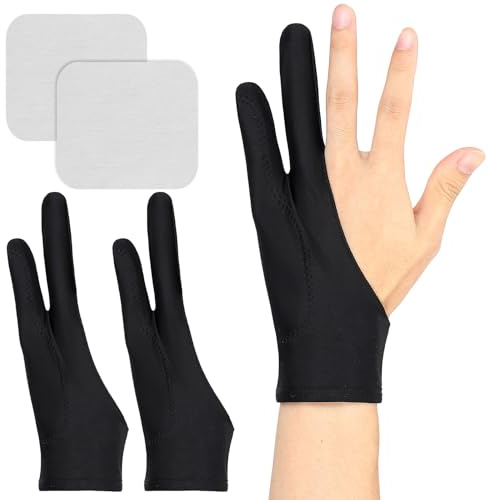 YBEATY 2 Pack Digital Drawing Glove, 3-Layer Palm Rejection Two-Finger Artist Glove Fits Left Right Hand for Art Graphic Tablet Paper Sketching Painting, Includes 2 Cleaning Cloth