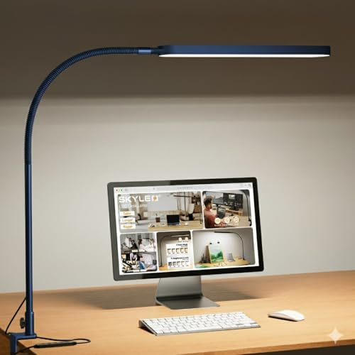 SKYLEO Skrivbordslampa - LED Bordslampa - Flexibel Svanhals - 5 Färglägen X 11 Ljusstyrka - 1300LM - Timer och Minnesfunktion - 12W Clip on Light - Blå