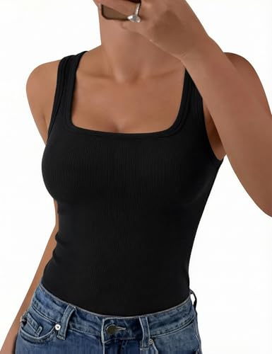 Aottori Women Tank Top Summer Sleeveless Vest Tops UK Ladies Square Neck Camisole Shirts Ribbed Fitted Plain Casual Basic Cami Undershirt