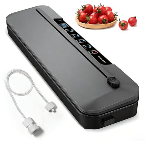 Vacuum Sealer Machine, 75kPa Food Vacuum Sealer with Cutter, Compact 6-IN-1 Automatic Vac Packing Machine for Dry & Moist Food Sealer with 10 Pre-cut Bags and Hose