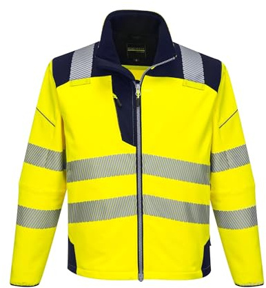 Portwest T402 Men's PW3 Hi Vis Safety Jacket - Windproof Water Resistant High Visibility Reflective Softshell Jacket Yellow/Navy, X-Large