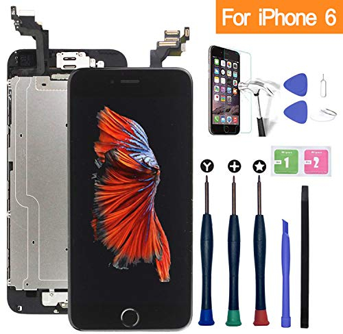 Xlhama Touchscreen LCD Display für iPhone 6 schwarz mit Home-Button, Frontkamera, Proxidationssensor, Lautsprecher, Werkzeuge und Folie aus Hartglas