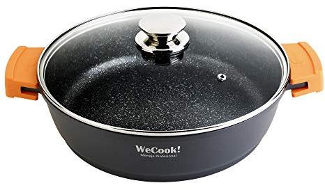 WECOOK! Ecochef Titanio Cazuela Baja Inducción Tapa de Cristal 40cm, 5 Capas Antiadherente QUANTANIUM Ecológico sin PFOA, Aluminio Fundido 5mm, 7,5cm Alto, Asas Silicona, Vitrocerámica, Gas, Horno