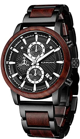 IK COLOURING Men's Wooden Watches, Multifuctional Quartz Chronograph & Date Display Watch for Men Handmade Wood Wrist Watch Luminous Stylish Casual Lightweight Wood & Stainless Steel Male Watch