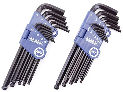 HemBorta® Clés Allen Longues Jeu de 26 avec Clés Hexagonales 1,27 à 10mm Métriques Clés et 3/64 à 3/8 Impériales Clés Males Six Pans avec à Tête Sphérique