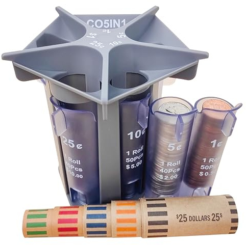 CO5IN1 Contatore di monete a tubo con involucri per monete, cambio selezionatore, organizer per monete e rullo portamonete, svuota il salvadanaio e il barattolo di monete, accurato e facile da usare