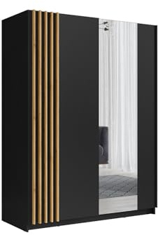 Vente-unique - Armario 2 Puertas correderas - con Espejo - L150 cm - Negro y Natural - CALELA