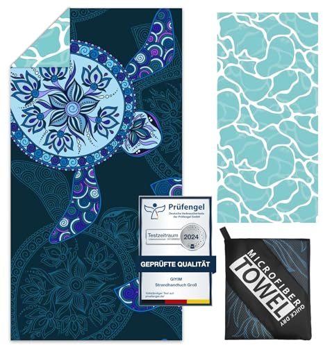 Giyim Large Beach Towel - 180 x 100 cm Microfibre Beach Towel with Bag, Absorbent and Quick Drying Beach Towel, Soft & Lightweight Beach Towel for Beach, Swimming (Blue Turtle)