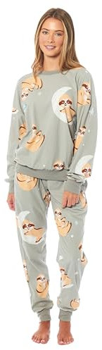 Daisy Dreamer Womens Printed Fleece Pyjama Set Soft & Warm Sleepwear Loungewear Nightwear Long Sleeve Top Ladies Animal Print Pjs, Large Sloth