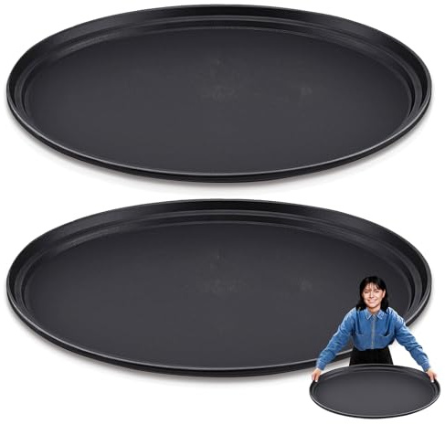 2 Pcs Large Restaurant Serving Trays 24 x 29 Oval Plastic Food Serving Tray Non Slip Rubber Lined Black Serving Tray for Cafeteria (2)