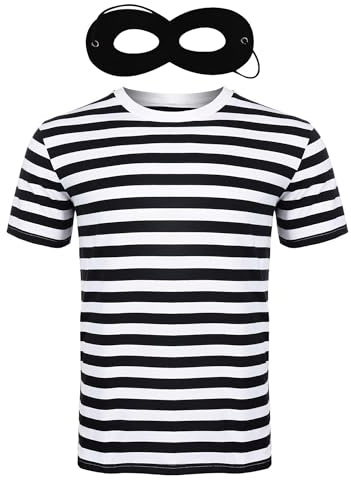 KIDS 2 Pcs BURGLAR Costume, Grisl Boys Fancy Dress Black & White Striped T-Shirt & Black Eye Mask Set Robber Storybook For World Book Day Carnival Outfit UK Size 5 To 13 Years, 7-8 Years