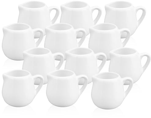 YKUKIZEE ﻿12 Pcs Ceramic Small Milk Jug with Handle 110 ml, White Gravy Jug