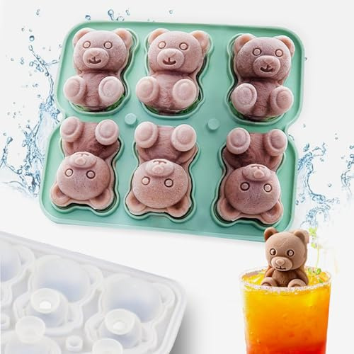 bandejas de cubitos de hielo de silicona con tapa, Moldes de 3D Oso de Silicona, Cubiteras para Hielo Grande, sin BPA/Reutilizable, para Whisky Cóctel Zumo Café Leche/Amarillo/Verde