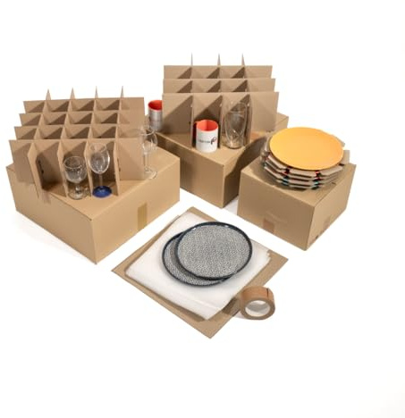 Kit complet pour le rangement de la vaisselle avec cartons verres, mugs, assiettes, pochettes mousse et adhésif.