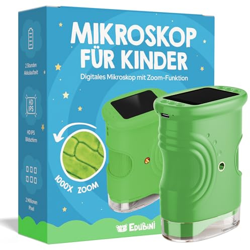 Edubini Microscopio digital para niños [1000 aumentos] - Microscopio de bolsillo portátil para jardín, bosque y experimentos - Microscopio infantil con pantalla digital HD [incluye función de foto]