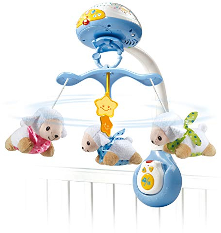 VTech - Lumi Mobile Compte-Moutons Bleu, Mobile Musical Lit Bébé, Poussette et Siège Coque avec Télécommande, Projection au Plafond, Berceuses, Bruits Blancs, Cadeau de Naissance - Contenu en Français