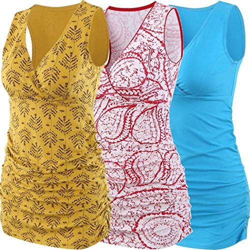ZUMIY Top de Maternité, T-Shirt de Grossesse Haut d'allaitement Brassière Maternité Tee- Femme (Red+Yellow+Lake Blue/3-pk,S)
